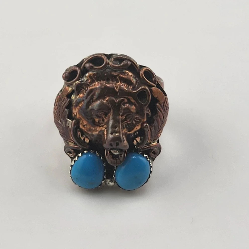 Vintage Running Bear Sterling‎ Silver Copper Turquoise Bear Ring Size 9.5